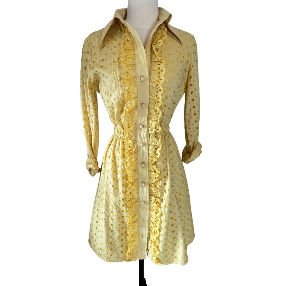 Rona New York Vintage Pale Yellow Eyelet Long Sleeve Mini Dress